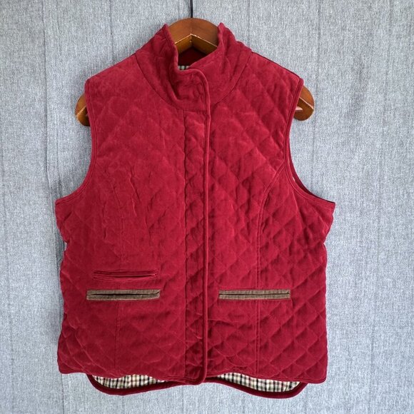 Orvis Quilted Deep Ruby Red Tan Corduroy Pocket Piping Zip Front Vest Size Large - Picture 1 of 11